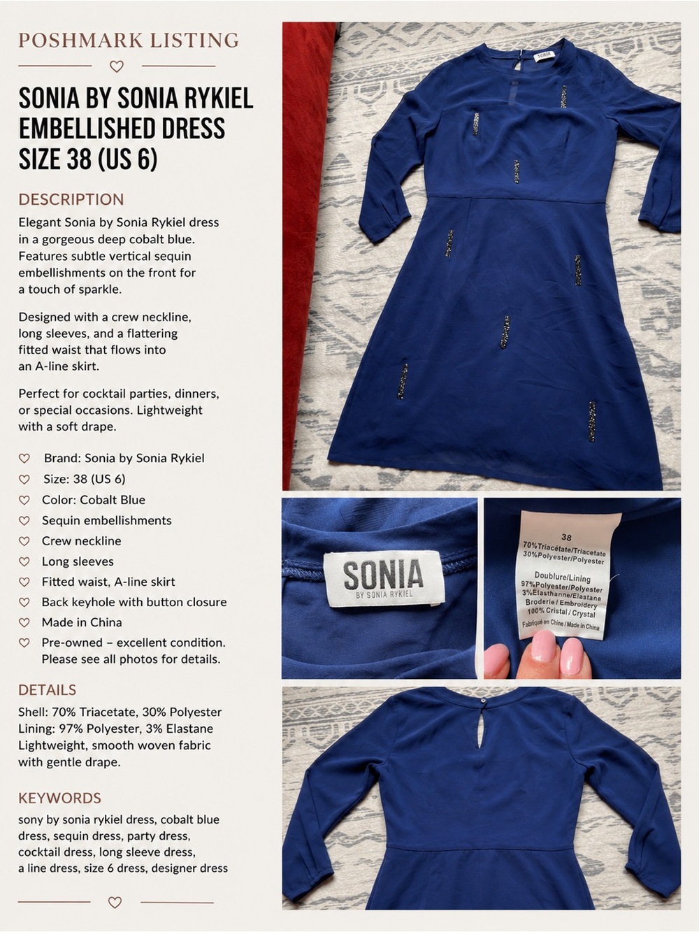 Sonia by Sonia Rykiel Cobalt Blue Sequin-Embellished Long-Sleeve Dress